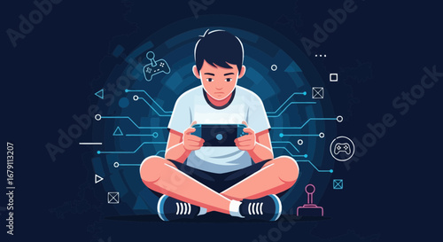 Young Boy Engrossed In Handheld Gaming With Digital Interface And Technology