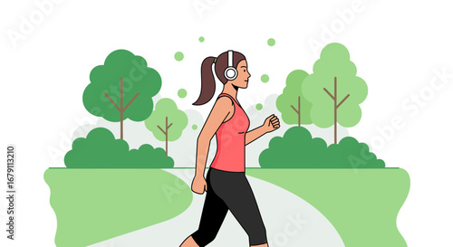 Woman walking in park with headphones, enjoying walk, health, fitness and listening music