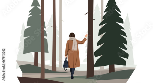 Woman walking in the forest among the trees, wearing a coat and holding a bag