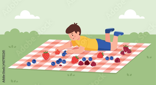 Young Boy Enjoying a Picnic on a Summer Day with Fresh Berries and a Cheerful Vibe