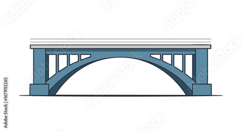 Architectural elevation of a solid blue bridge with arch and supports, presented in a simple, clean illustration showcasing structural design and
