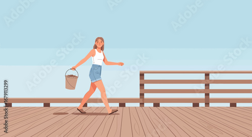 Woman Walking on Wooden Pier with Bucket During Day, Vector Illustration