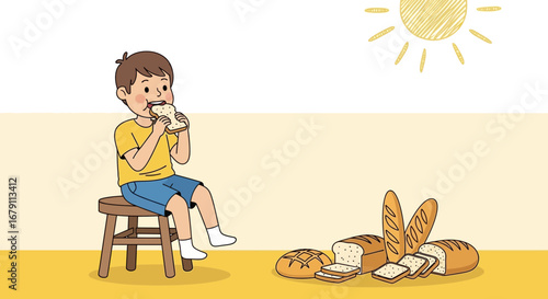 Young Boy Enjoying Toast with Various Loaves of Bread Under the Summer Sun