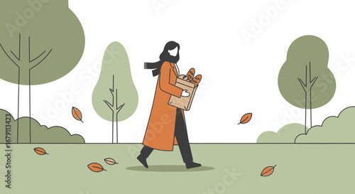 Woman Walking Through Park With Baguette Autumn Leaves And Autumnal Coat