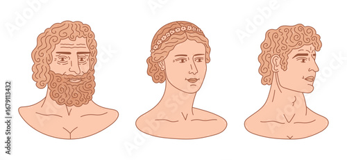 Lovely doodle set of Greek woman and man sculpture. Hand drawn antique bust of David, young goddess, old god Jupiter. Trendy colourful collection of ancient marble head statues isolated on white