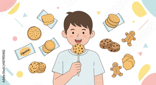 Young Boy Enjoying Variety Of Delicious Baked Goods With A Sweet Lollipop Treat