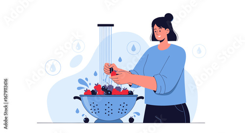 Woman Washing Fresh Berries in Colander Ready For A Delicious And Healthy Dish