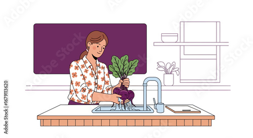 Woman Washing Fresh Beetroot in Kitchen, Preparing Nutritious Food with a Smile.