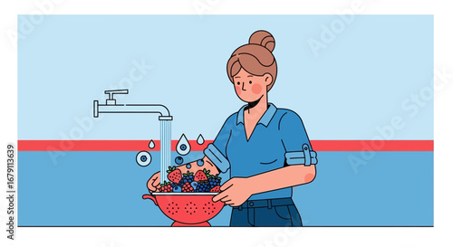 Woman Washing Fresh Berries In The Sink Under Running Water Preparation For Consumption