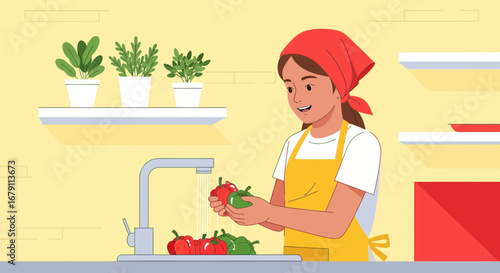 Woman Washing Fresh Peppers in Kitchen Near Shelf With Potted Plants, Culinary Art