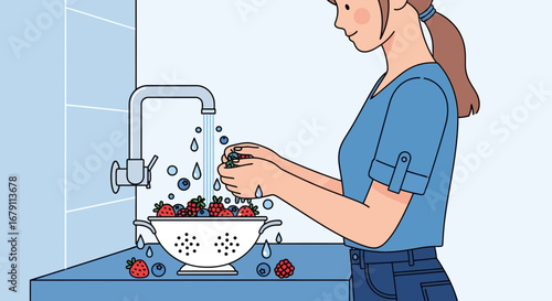 Woman Washing Fresh Berries Under Faucet, Preparing Healthy Snacks In The Kitchen