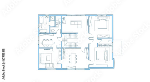 Architectural blueprint showcases a dwelling's meticulous design with living areas and bedrooms meticulously outlined in delicate precision