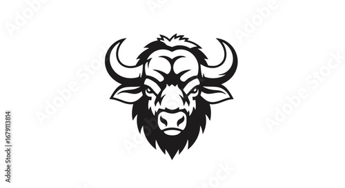 Monochromatic portrayal of a bovine head, detailed in graphic lines, emblem design featuring a stylized bull or bison head  graceful curves and