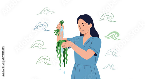 Woman Washing Seaweed and Preparing it, A Concept Of Healthy Food and Ocean Life