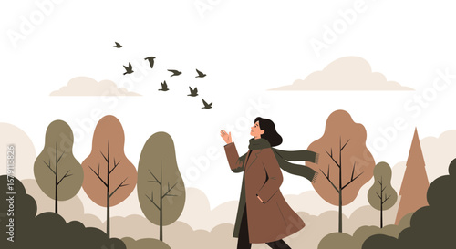 Woman Watching Birds Soaring Above Trees Representing Tranquility And Nature's Beauty