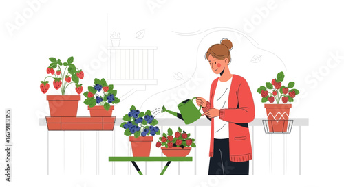 Woman Watering Berries In Pots, Gardening On Balcony, Fresh Harvest, Summer Day