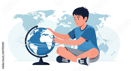 Young boy exploring the world with a globe in front of a world map background