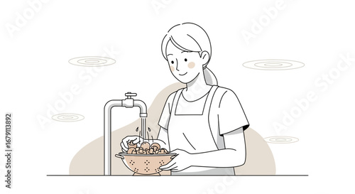 Woman Washing Mushrooms In The Kitchen Sink While Smiling, Illustration Concept Of Preparation