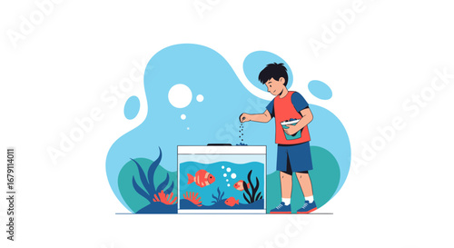 Young Boy Feeding His Aquarium Fish, Illustrated in Fun, Vibrant, and Eye-Catching Style