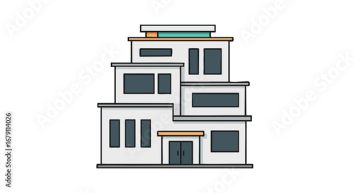 Stylized rendition of a modern building facade with layered, geometric design elements, conveying architectural ingenuity and urban development