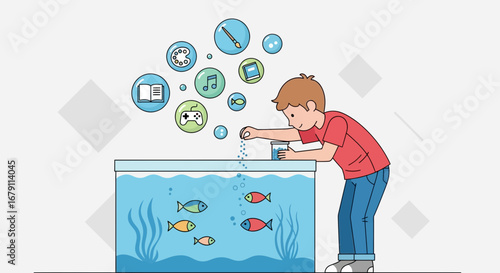 Young Boy Feeds Aquarium Fish, Surrounded by Icons Representing Hobbies and Interests