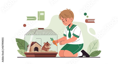 Young Boy Feeds Pet Hamster in Cage Showing Love and Care for Animals