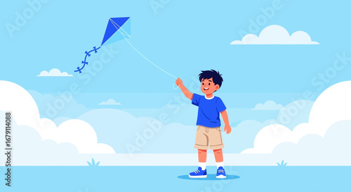 Young Boy Flies Kite On A Sunny Day In A Blissful Sky, Soaring Dreams