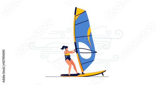 Woman Windsurfing On The Ocean Using A Brightly Colored Sailboard In The Open Sea