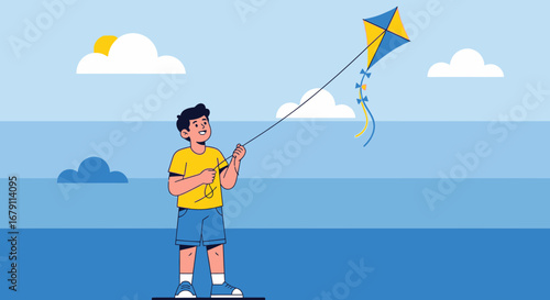 Young boy flying a kite in a bright and sunny day in a flat and vector style design