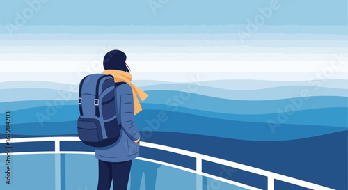 Woman with backpack observing a sea landscape ready for travel or adventure journey