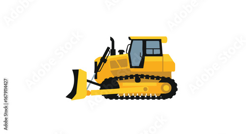 Yellow construction bulldozer illustration, showcasing heavy machinery for leveling and earthmoving operations, suitable for various industrial