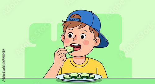 Young Boy Happily Eating Cucumber Slices, Embracing Freshness and Healthy Choices