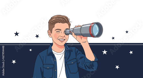 Young Boy Gazing Through Telescope, Finding Dreams In The Night Sky With Hope