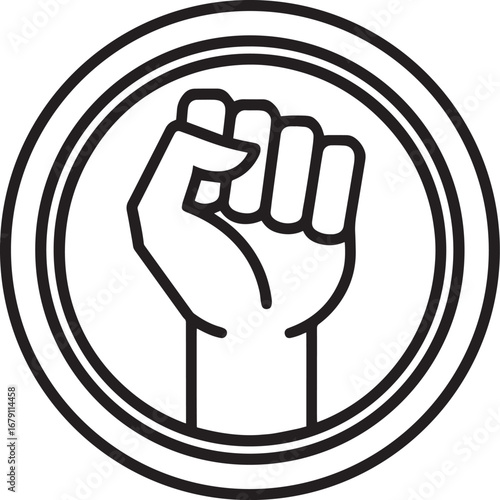 Raised fist enclosed in a circle outline vector illustration, line art