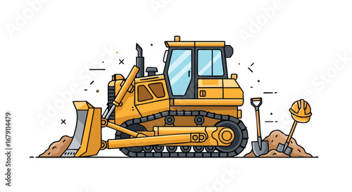 Cartoon bulldozer with construction tools, isolated on white, detailed vector artwork, showing the machine, shovel, and helmet, construction site