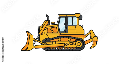 Detailed Cartoon Illustration of a Vibrant Yellow Bulldozer on a White Background Depicting Heavy Machinery for Construction Projects