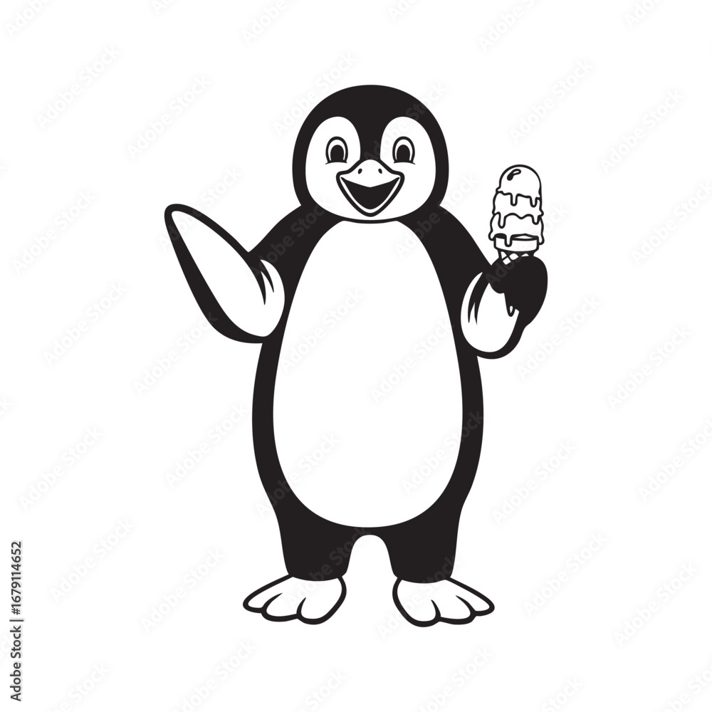 Fototapeta premium Cartoon Penguin Holding Ice Cream Black and White Illustration with Heart Symbol and Playful Pose 