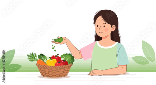 Woman With Healthy Fresh Vegetables In A Basket Is Ready For Preparation