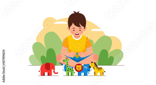 Young Boy Having Fun Playing With Animal Toys Outdoors In An Illustrated Scene