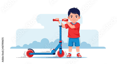 Young Boy Holding a Colorful Scooter and Smiling Happily,Ready for an Adventure