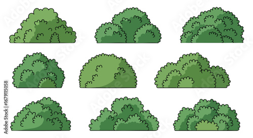 Cartoon Vector Set of Green Bushes for Landscaping and Garden Design, Illustration Collection, Various Forms and Sizes, Clip Art