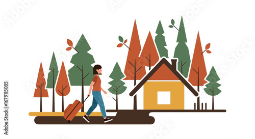 Woman With Suitcase Enjoys Walk Towards Cozy Cabin In The Forest Under Green Conifers