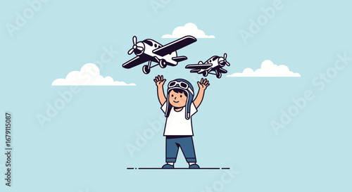 Young Boy Imagines Flying With Toy Airplanes In A Dreamy Colorful Sky Illustration