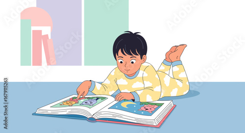 Young boy in pajamas reading a picture book happily in a cozy cartoon illustration