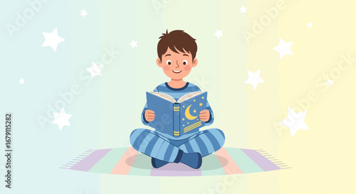 Young Boy In Pajamas Reads A Book With Stars And Moon, Peaceful Night Time