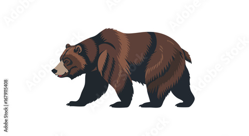 Majestic Brown Bear Illustration: A Side View of a Walking Grizzly Depicted in Artistic Style, Featuring Natural Brown Tones and Distinct Graphic