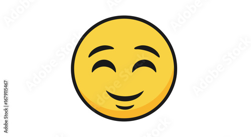 A cheerful yellow circular emoticon expressing contentment and inner peace isolated on a clean background, with a welcoming smile on its visage