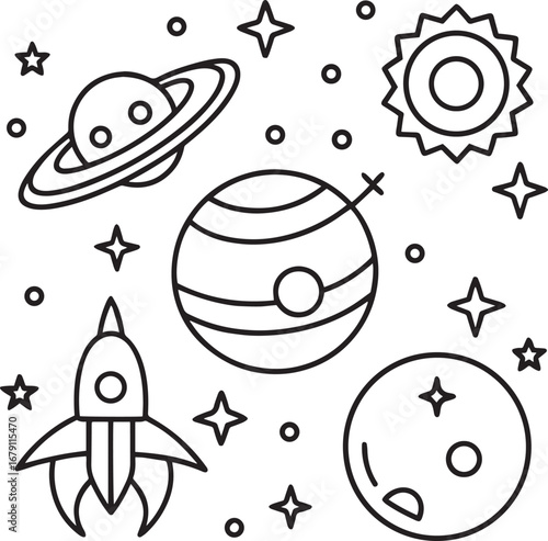 Space exploration outline vector illustration, line art