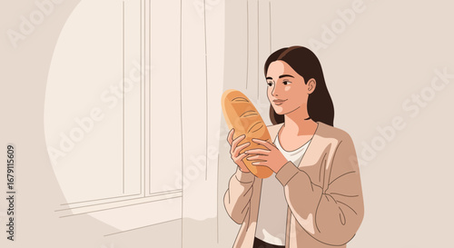 Woman's Appreciation For Bread Amidst Warm Light Setting, Interior Scene Illustration