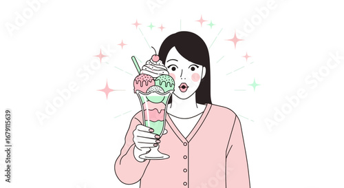 Woman's Delight: Vector Portrait Enjoying Delicious Ice Cream Sundae With Sparkling Effects